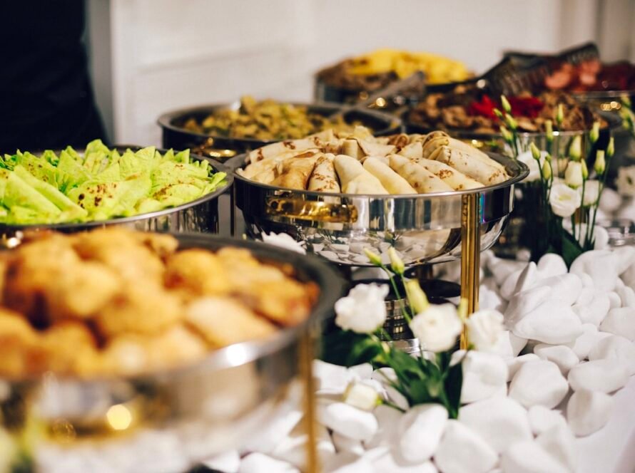 Lavish Indian wedding buffet spread with a variety of dishes